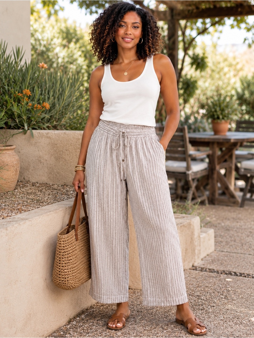 Max Studio London XL Linen Blend Striped Cropped Wide Leg Pants NWT